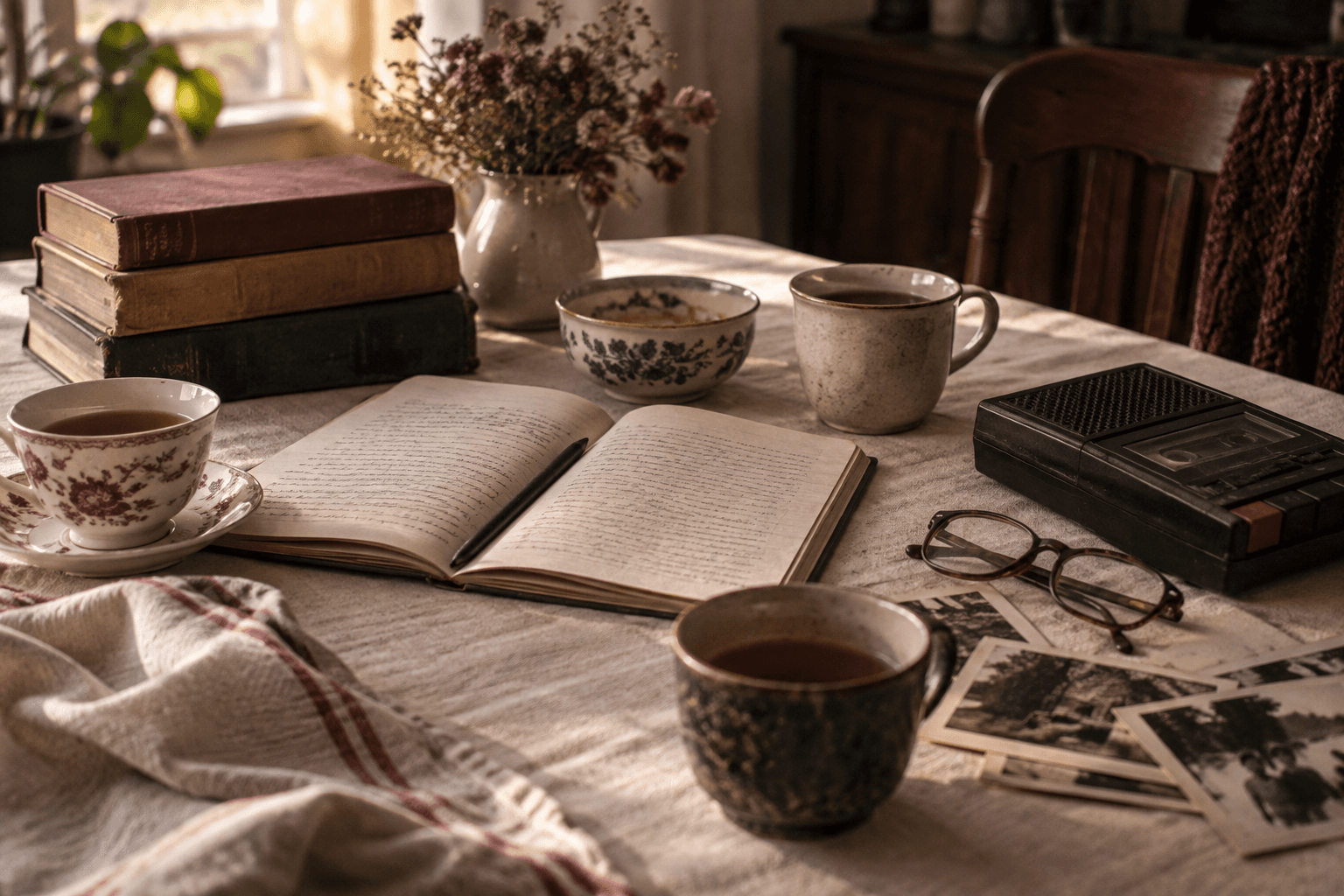 A family table with books, teacups, photographs and a cassette recorder